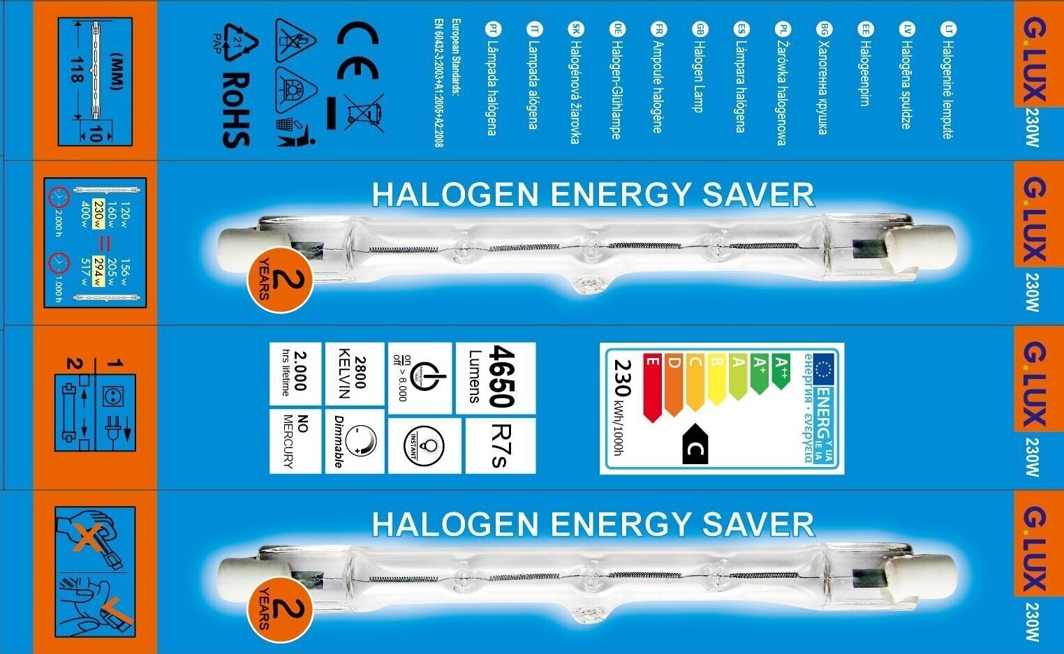 Halogēna spuldzes G.LUX R7s J118, 230 W, 10 gab. cena un informācija | Spuldzes | 220.lv