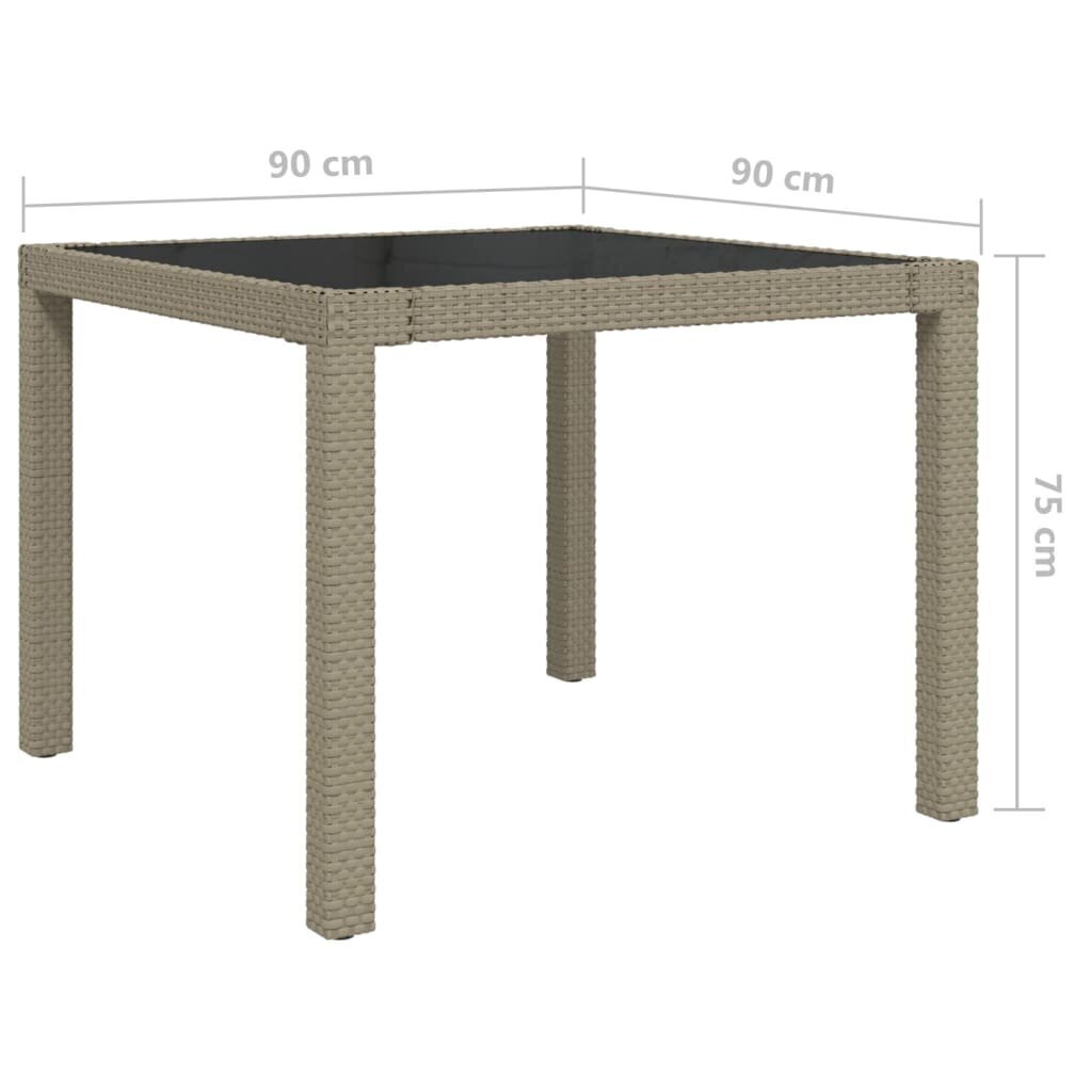 vidaXL dārza galds, smilškrāsas, 90x90x75 cm, PE rotangpalma un rūdīts stikls cena un informācija | Dārza galdi | 220.lv