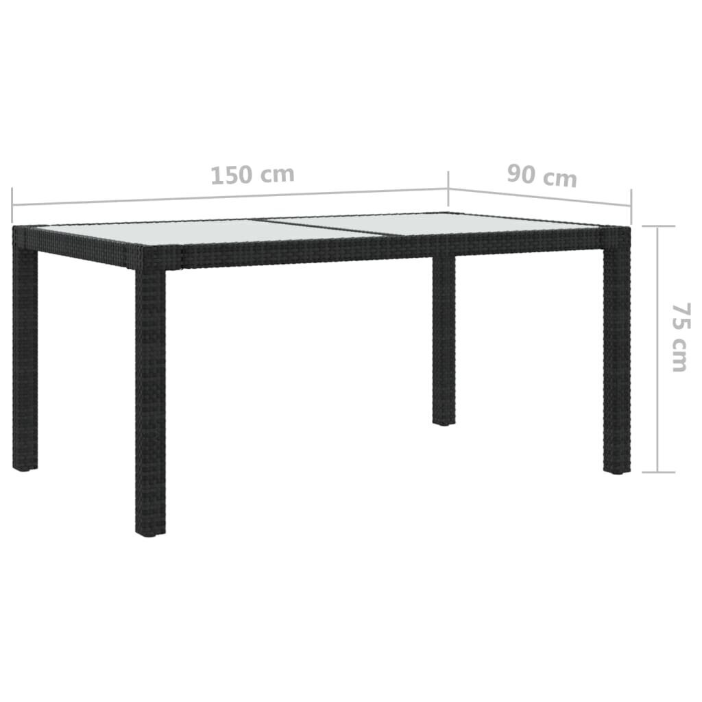 vidaXL dārza galds, melns, 150x90x75 cm, PE rotangpalma un rūdīts stikls cena un informācija | Dārza galdi | 220.lv