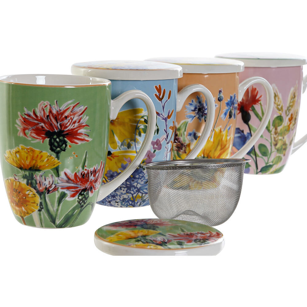Tasīte ar tējas filtru DKD Home Decor, ziedi, 340 ml, 4 gab. цена и информация | Glāzes, krūzes, karafes | 220.lv