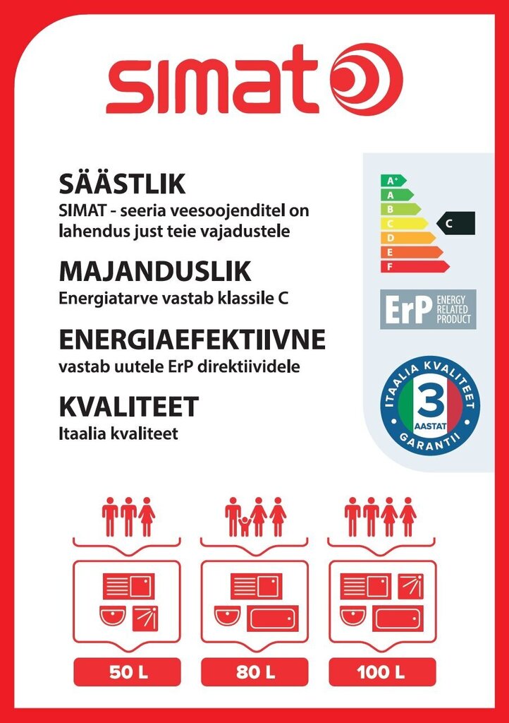 Ūdens sildītājs SIMAT 80L, vertikāls cena un informācija | Ūdens sildītāji | 220.lv