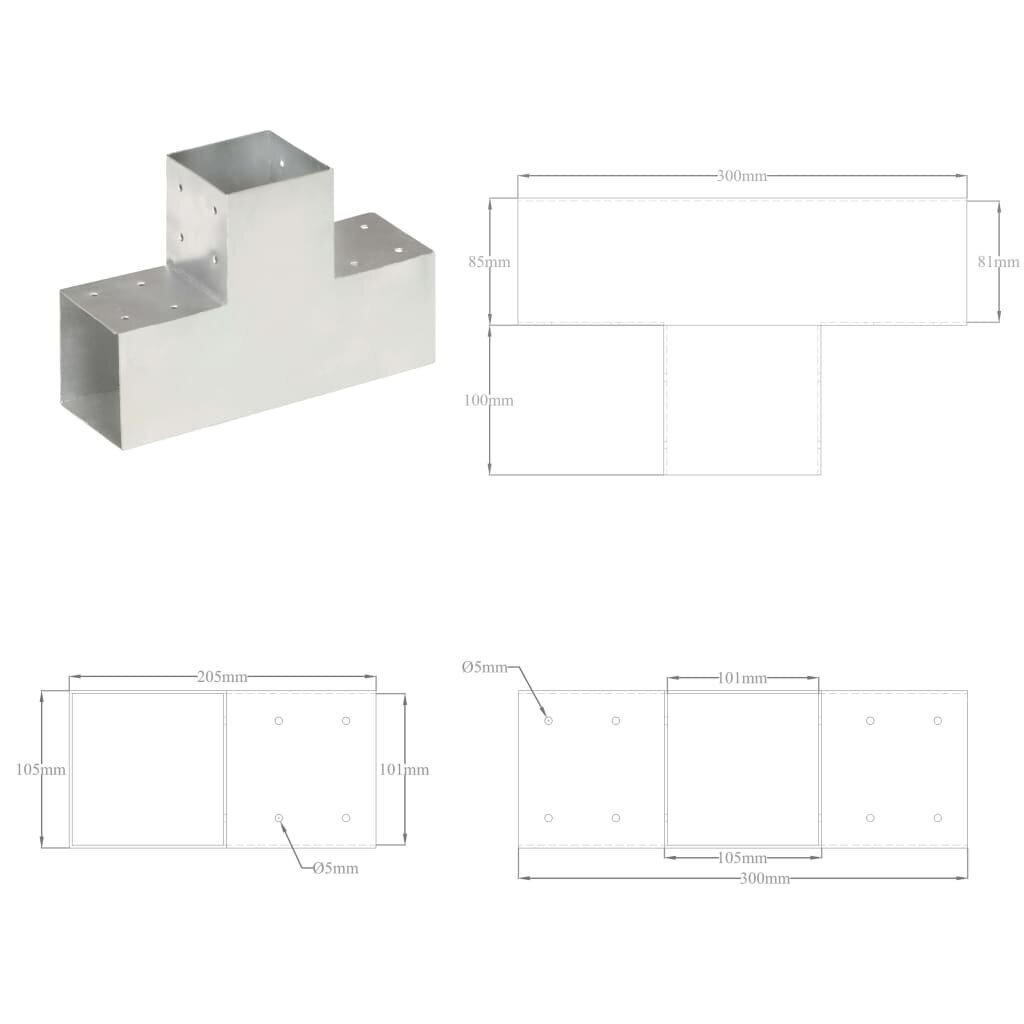 vidaXL stabu savienotāji, T forma, 4 gab., cinkots metāls, 101x101 mm cena un informācija | Žogi un piederumi | 220.lv