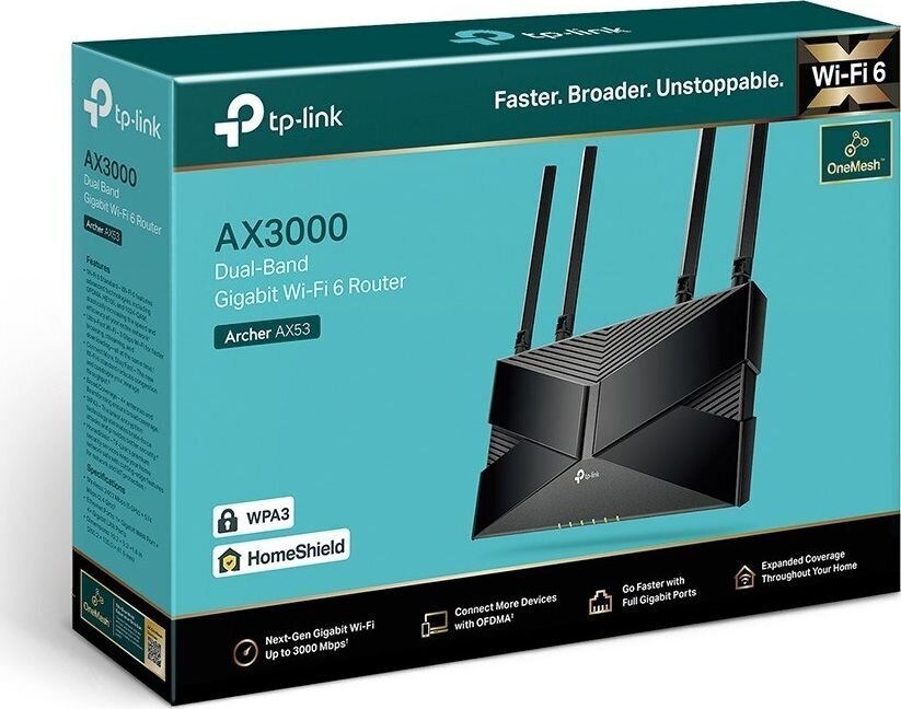 Wireless Router|TP-LINK|Wireless Router|3000 Mbps|Mesh|Wi-Fi 6|1 WAN|4x10/100/1000M|Number of antennas 4|ARCHERAX53 cena un informācija | Rūteri (maršrutētāji) | 220.lv