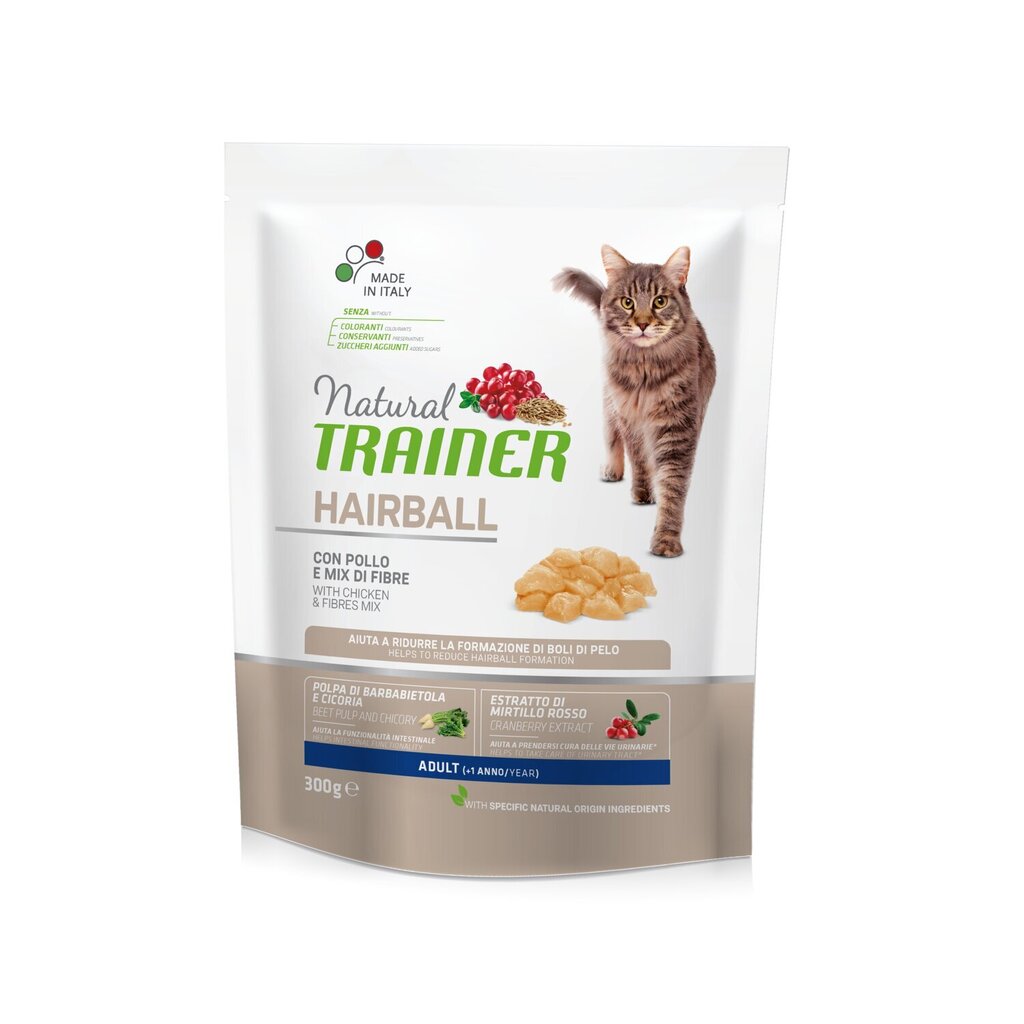 NATURAL TRAINER HAIRBALL ADULT WITH CHICKEN - SAUSĀ BARĪBA AR VISTU SPALVU IZVADĪŠANAI PIEAUGUŠIEM KAĶIEM 300 G цена и информация | Sausā barība kaķiem | 220.lv