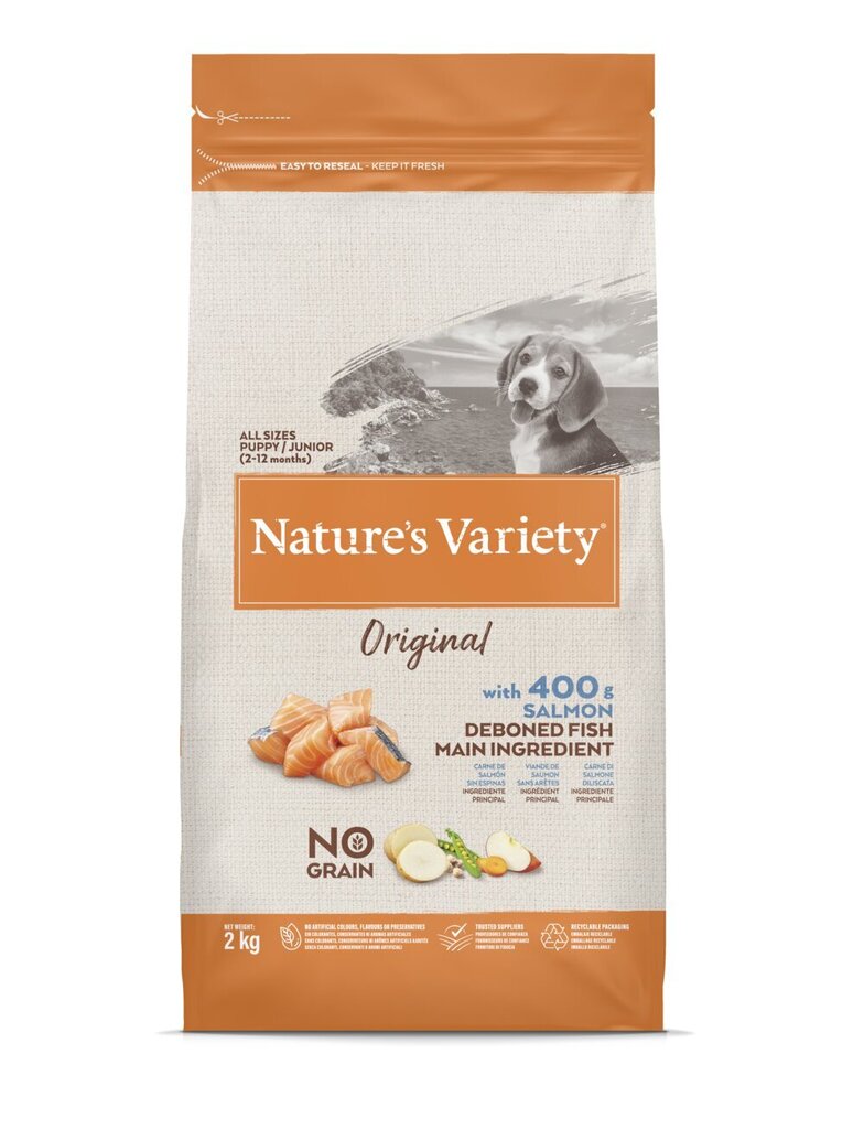 Nature's Variety Dog Original No Grain Junior Salmon 2 Kg - bezgraudu sausā barība ar lasi dažādu lielumu kucēniem un junioriem cena un informācija | Sausā barība suņiem | 220.lv