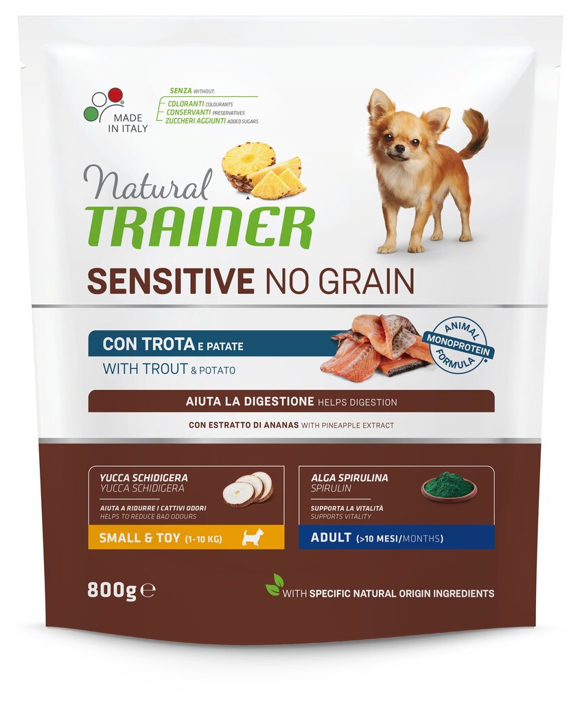 NT DOG SENSITIVE NO GRAIN ADULT MINI TROUT 800 G - Pilnvertīga bezgraudu sausā barība ar foreli pieaugušiem mazo šķirņu suniem cena un informācija | Sausā barība suņiem | 220.lv