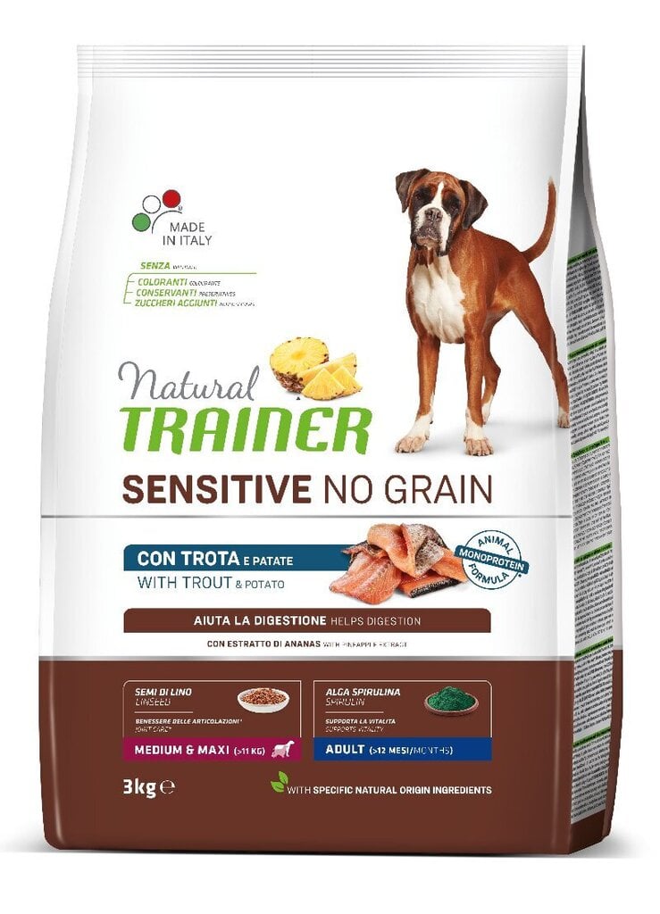 NT DOG SENSITIVE NO GRAIN ADULT MEDIUM/MAXI TROUT 3 KG - Pilnvērtīga bezgraudu sausā barība pieaugušiem vidējo un lielo šķirņu suņiem. cena un informācija | Sausā barība suņiem | 220.lv