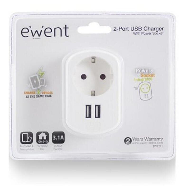 WSienas ligzda ar 2 USB Portas Ewent EW1211 3,1 A cena un informācija | Elektrības slēdži, rozetes | 220.lv