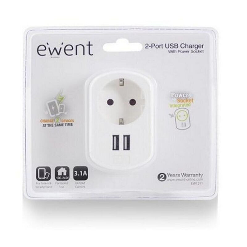WSienas ligzda ar 2 USB Portas Ewent EW1211 3,1 A cena un informācija | Elektrības slēdži, rozetes | 220.lv