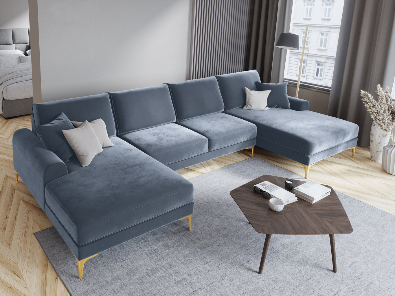 Stūra dīvāns Mazzini Sofas Madara 6S, gaiši zilas/zeltainas krāsas цена и информация | Stūra dīvāni | 220.lv