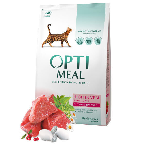 Optimeal™. Pilnvērtīga sausā barība pieaugušiem kaķiem ar lielu daudzumu teļa gaļas, 4 kg cena un informācija | Sausā barība kaķiem | 220.lv