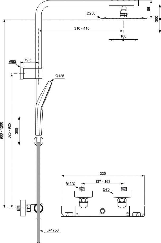 Termostata dušas sistēma Ideal Standard Ceratherm T50 ar Ceratherm T50 jaucējkrānu, metāla dušas galvu Ø250 mm un Idealrain Evo JET Round 125 mm 3 funkciju rokas dušas galvu. A7704AA cena un informācija | Dušas komplekti un paneļi | 220.lv