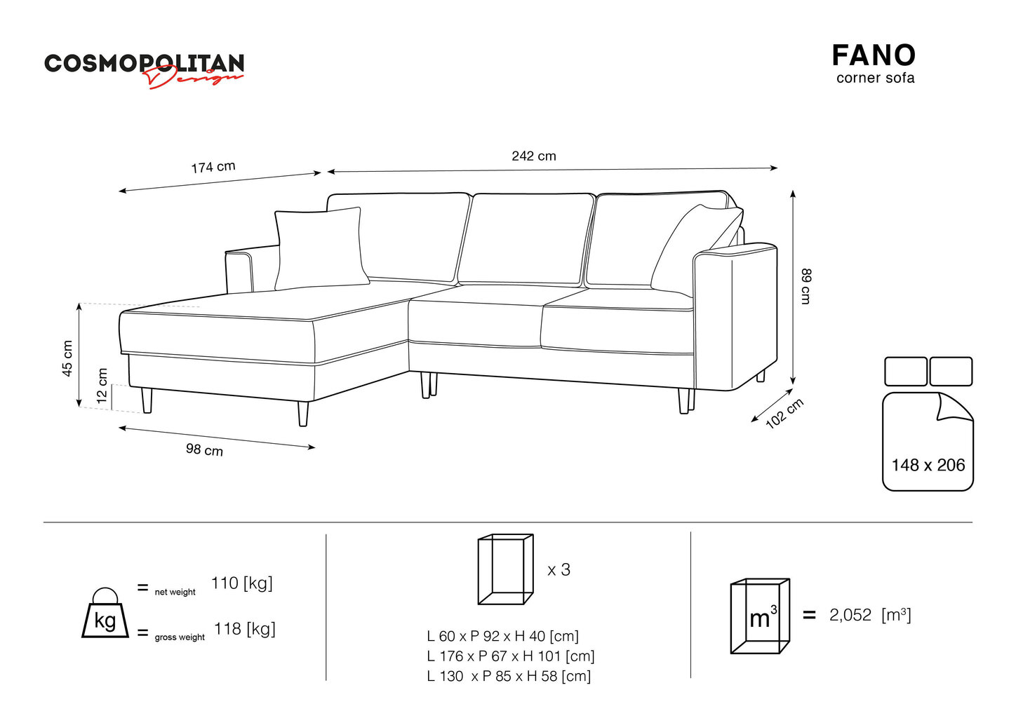 Stūra dīvāns Cosmopolitan Design Fano, pelēks/melns cena un informācija | Stūra dīvāni | 220.lv