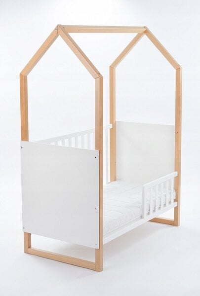 DREWEX LITTLE HOUSE Bērnu gulta ar noņemamu sānu 120x60 cm,  balta/dižskābardis cena | 220.lv