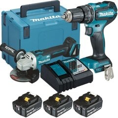 Combokit DLX2334J bezvadu trieciena draiveris Makita DHP485Z un leņķa slīpmašīna DGA504Z, 18 V, 3 x 3 Ah, lādētājs + somiņa cena un informācija | Skrūvgrieži, urbjmašīnas | 220.lv