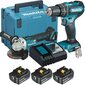 Combokit DLX2334J bezvadu trieciena draiveris Makita DHP485Z un leņķa slīpmašīna DGA504Z, 18 V, 3 x 3 Ah, lādētājs + somiņa цена и информация | Skrūvgrieži, urbjmašīnas | 220.lv