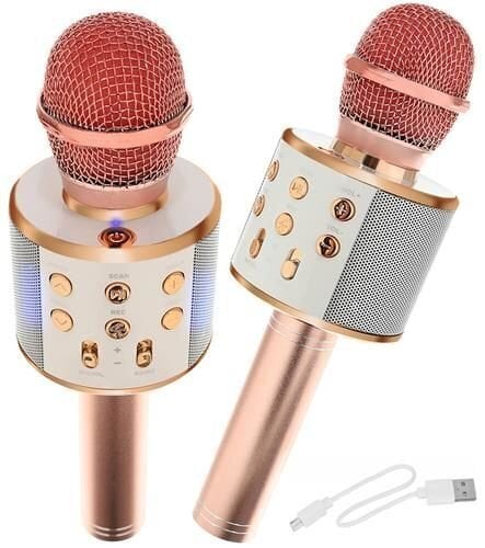 Goodbuy karaoke mikrofons ar iebūvētu Bluetooth skaļruni / 3W / aux / balss modulators / USB / Micro SD gaiši rozā cena un informācija | Mikrofoni | 220.lv