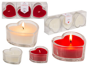 Aromātiskā stikla svece sirds 7,5 x 7,5 cm, dāvanu kastīte, sarkana, balta, 3 gab. cena un informācija | Sveces un svečturi | 220.lv