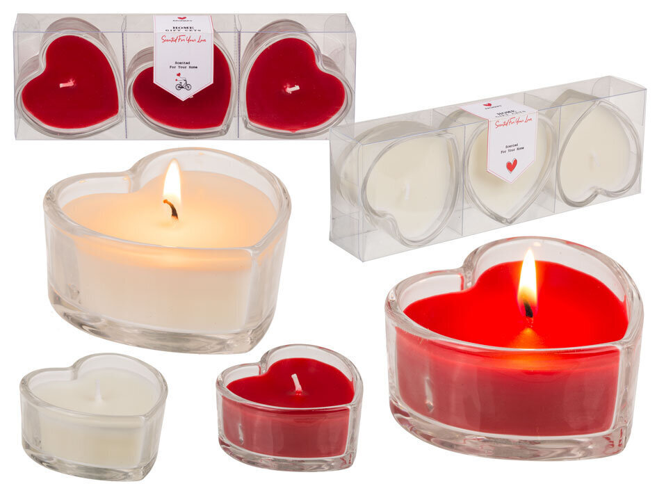 Aromātiskā stikla svece sirds 7,5 x 7,5 cm, dāvanu kastīte, sarkana, balta, 3 gab. цена и информация | Sveces un svečturi | 220.lv