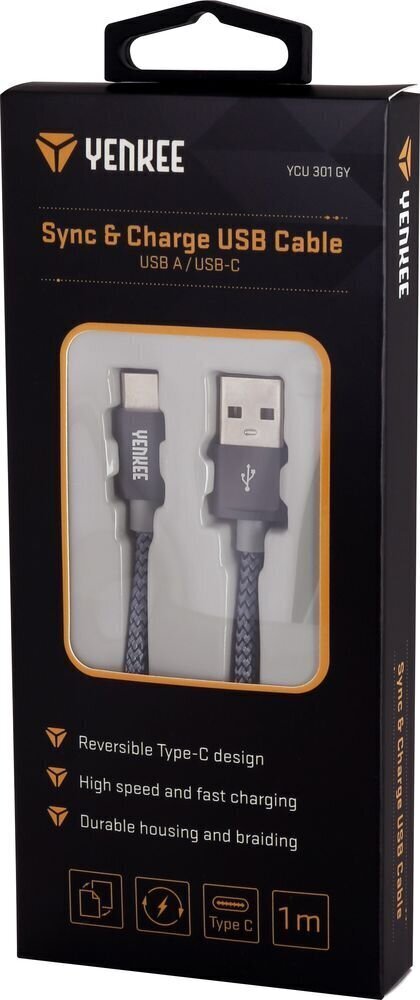 Pīts kabelis YENKEE, 2.0 USB A - USB C, 480 Mbps, 3A, 1 m, alumīnija korpuss, pelēks cena un informācija | Savienotājkabeļi | 220.lv