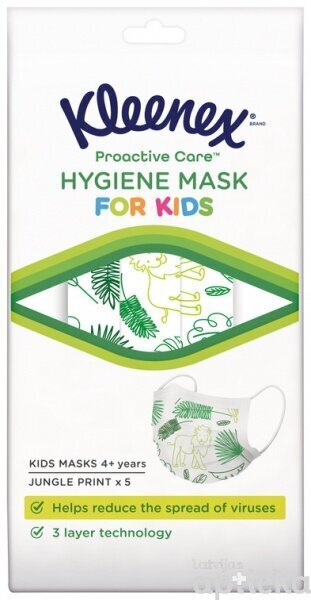 KLEENEX maska hig. vienreizlietojamā, bērniem 5gab. PVN-21% cena un informācija | Medicīniskā aprūpe | 220.lv