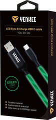 Кабель с подсветкой (LED) YENKEE, 2.0 USB A - USB-C, 480 Мбит/с, 5В/3А, 15Вт, 1м, зеленый цена и информация | Кабели для телефонов | 220.lv