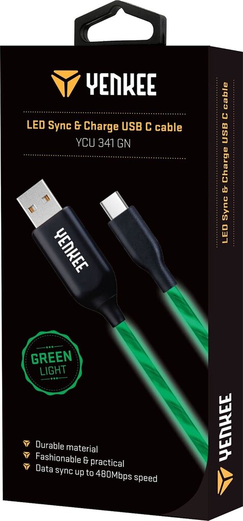 Izgaismots (LED) kabelis YENKEE, 2.0 USB A - USB-C, 480 Mbps, 5V/3A, 15W, 1 m, zaļš cena un informācija | Savienotājkabeļi | 220.lv