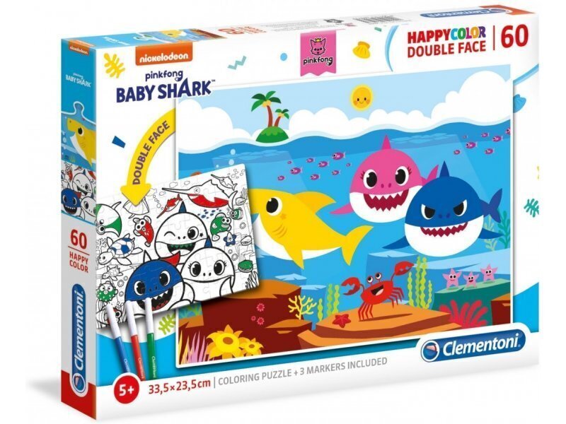 Divpusēja puzle Clementoni Baby Shark, 60 d. cena un informācija | Puzles, 3D puzles | 220.lv