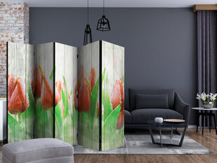 5-daļīgs aizslietnis - Red tulips on wood II [Room Dividers] cena un informācija | Aizslietņi | 220.lv