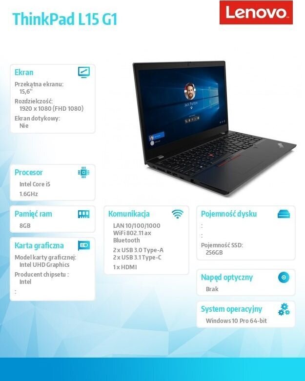 Laptop ThinkPad L15 G1 20U3006LPB W10Pro i5-10210U/ 8GB/ 256GB/ INT/ 15.6 FHD/ 1YR CI Portatīvais dators cena un informācija | Portatīvie datori | 220.lv