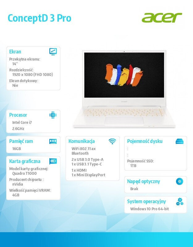 Notebook ConceptD 3 Pro CN314-72P-7338 WIN10PRO/ i7-10750H/ 16GB/ 1T/ QT1000/ 14 Portatīvais dators cena un informācija | Portatīvie datori | 220.lv