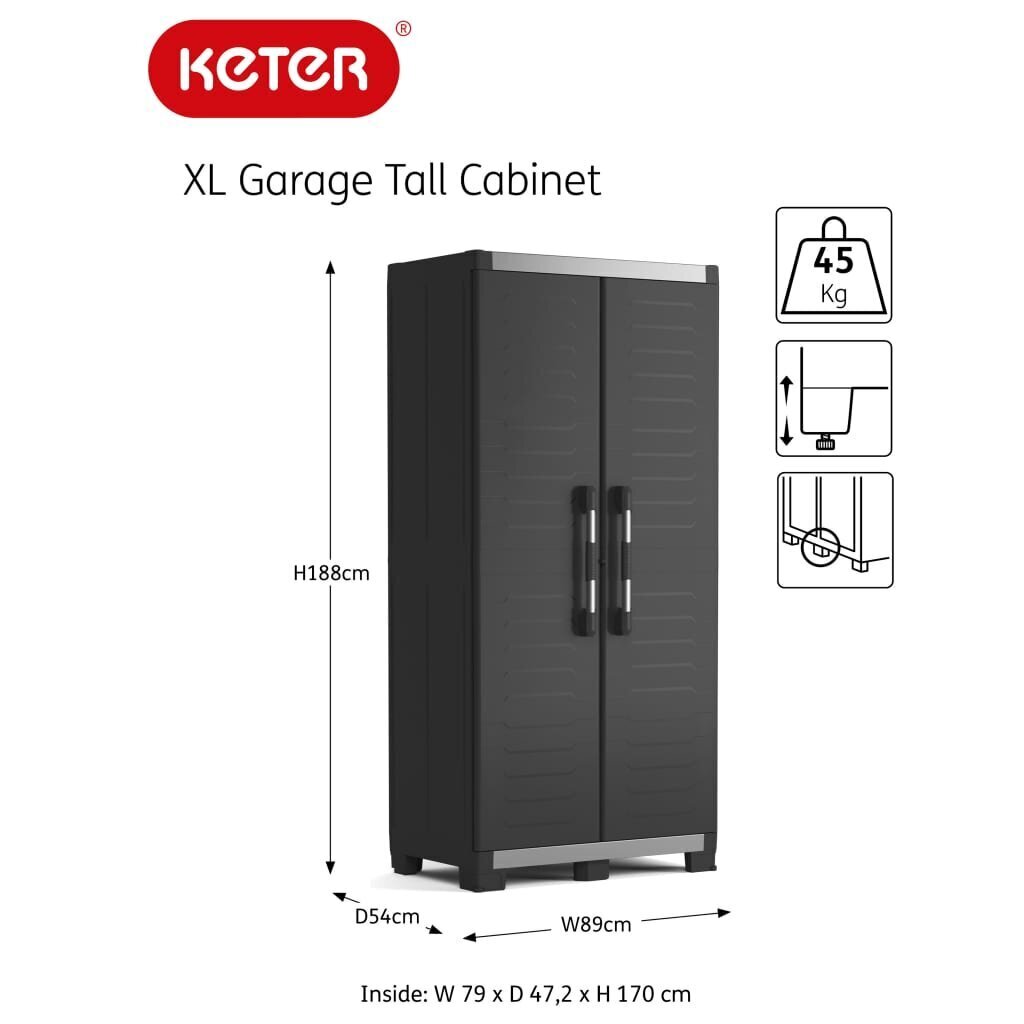 Keter skapis ar plauktiem Garage, XL, melna un sudraba krāsa, 188 cm цена и информация | Skapīši viesistabai | 220.lv