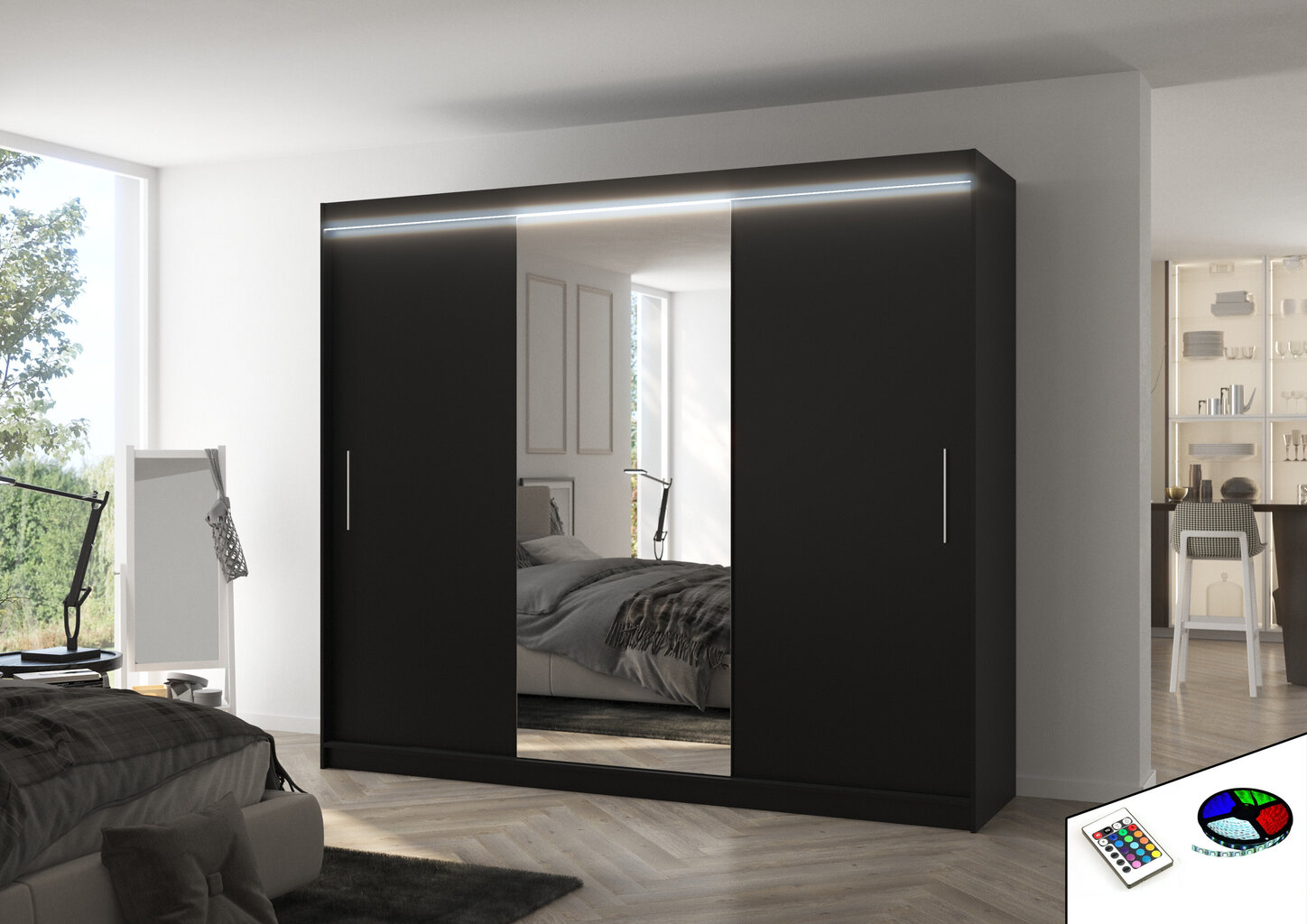 Skapis ar LED apgaismojumu ADRK Furniture Denis, melns cena un informācija | Skapji | 220.lv