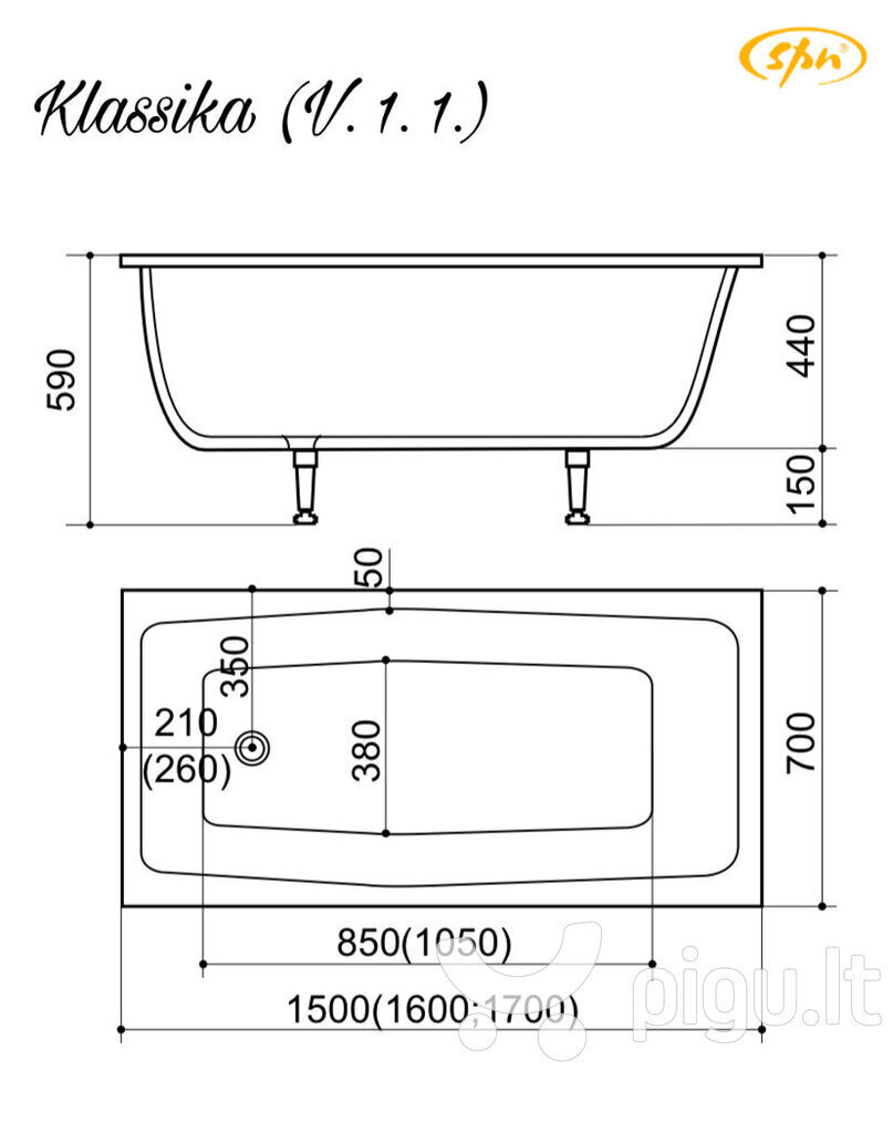 SPN Klassika mākslīgā akmens vanna 1400x700x590 + Kreisais Panelis cena un informācija | Vannas | 220.lv