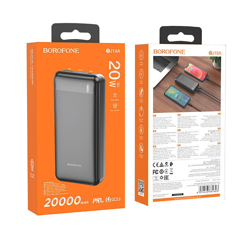 Arejais-akumulators Power Bank Borofone BJ19A Type-C PD 20W+Quick Charge 3.0 20000mAh melna cena un informācija | Lādētāji-akumulatori (Power bank) | 220.lv