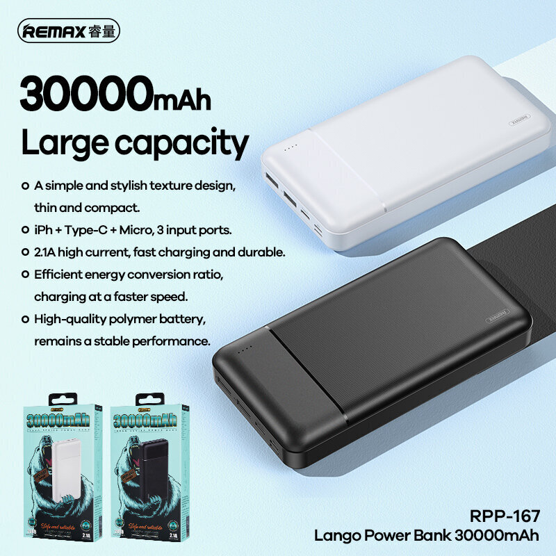 Arejais-akumulators Power Bank Remax RPP-167 Lango 2xUSB 30000mAh melns цена и информация | Lādētāji-akumulatori (Power bank) | 220.lv