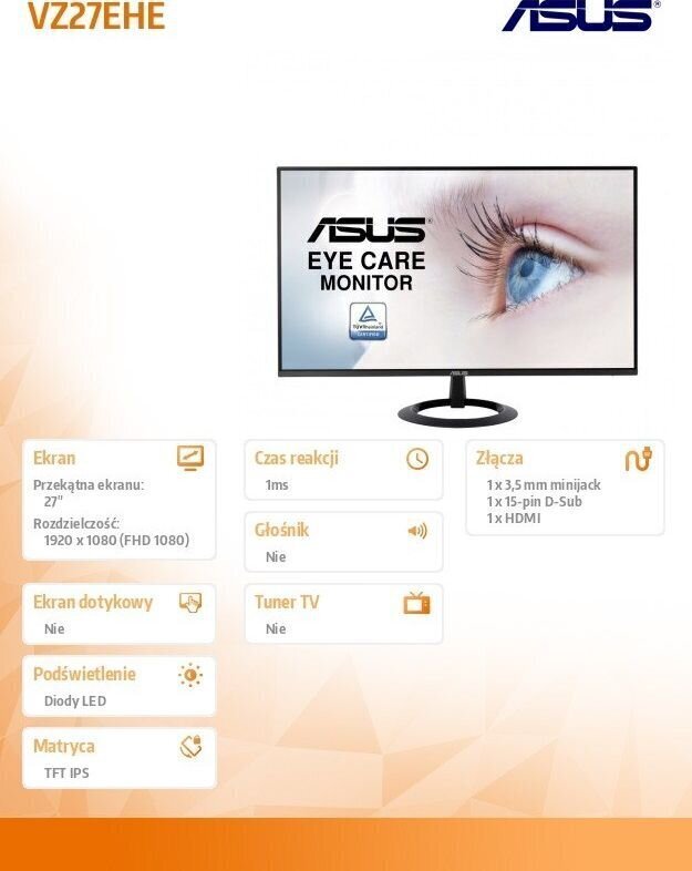 Asus VZ27EHE, 27" cena un informācija | Monitori | 220.lv