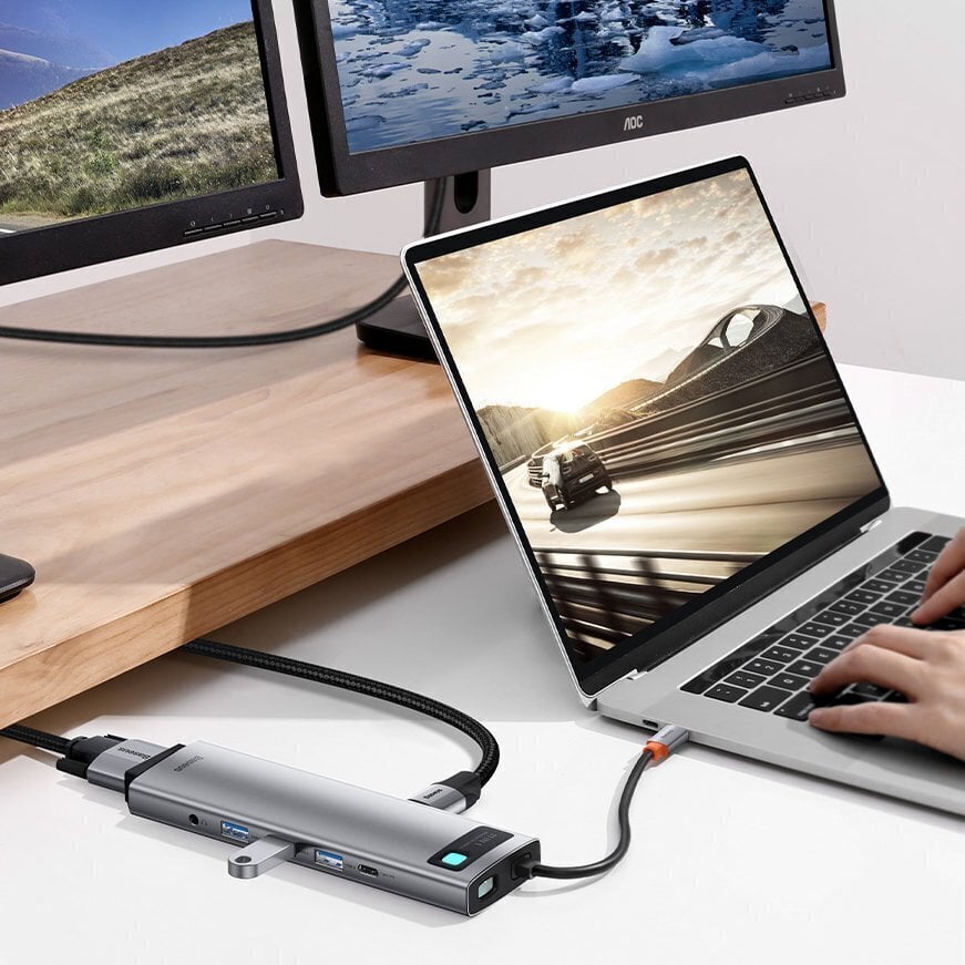 Hub 11in1 Baseus Metal Gleam Series, USB-C to 3x USB 3.0 + 2x HDMI + USB-C PD + Ethernet RJ45 + microSD/SD + VGA + AUX cena un informācija | Adapteri un USB centrmezgli | 220.lv