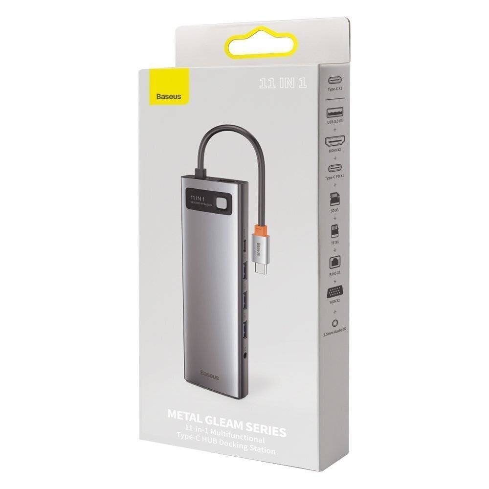 Hub 11in1 Baseus Metal Gleam Series, USB-C to 3x USB 3.0 + 2x HDMI + USB-C PD + Ethernet RJ45 + microSD/SD + VGA + AUX цена и информация | Adapteri un USB centrmezgli | 220.lv