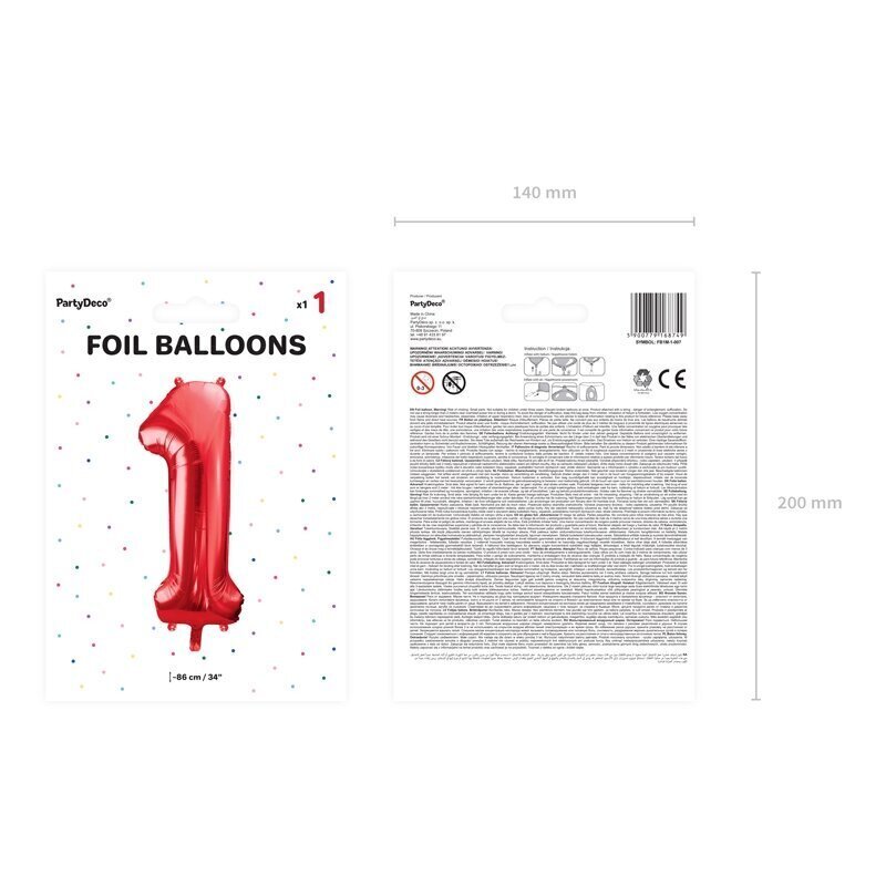 Folija balons "1" sarkans, 86 cm cena un informācija | Svētku dekorācijas | 220.lv