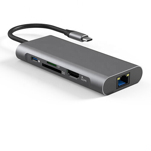 Adapteris USB Type-C - 2 x USB 3.0, 1 x USB 2.0, 1x Type C (PD), HDMI, SD, TF, RJ45 LAN cena un informācija | Adapteri un USB centrmezgli | 220.lv