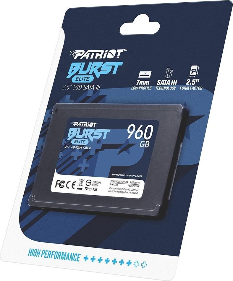 SSD diskdziņš|PATRIOT|Burst Elite|960 GB|SATA 3.0|3D NAND|rakstīšanas ātrums 320 MB/sec|lasīšanas ātrums 450 MB/sec|2,5"|TBW 400 TB|PBE960GS25SSDR цена и информация | Iekšējie cietie diski (HDD, SSD, Hybrid) | 220.lv