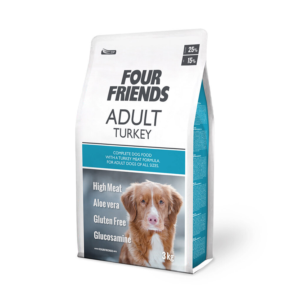 FourFriends Adult Turkey bezglutēna sausā barība jūtīgiem suņiem ar tītara gaļu, 3 kg cena un informācija | Sausā barība suņiem | 220.lv