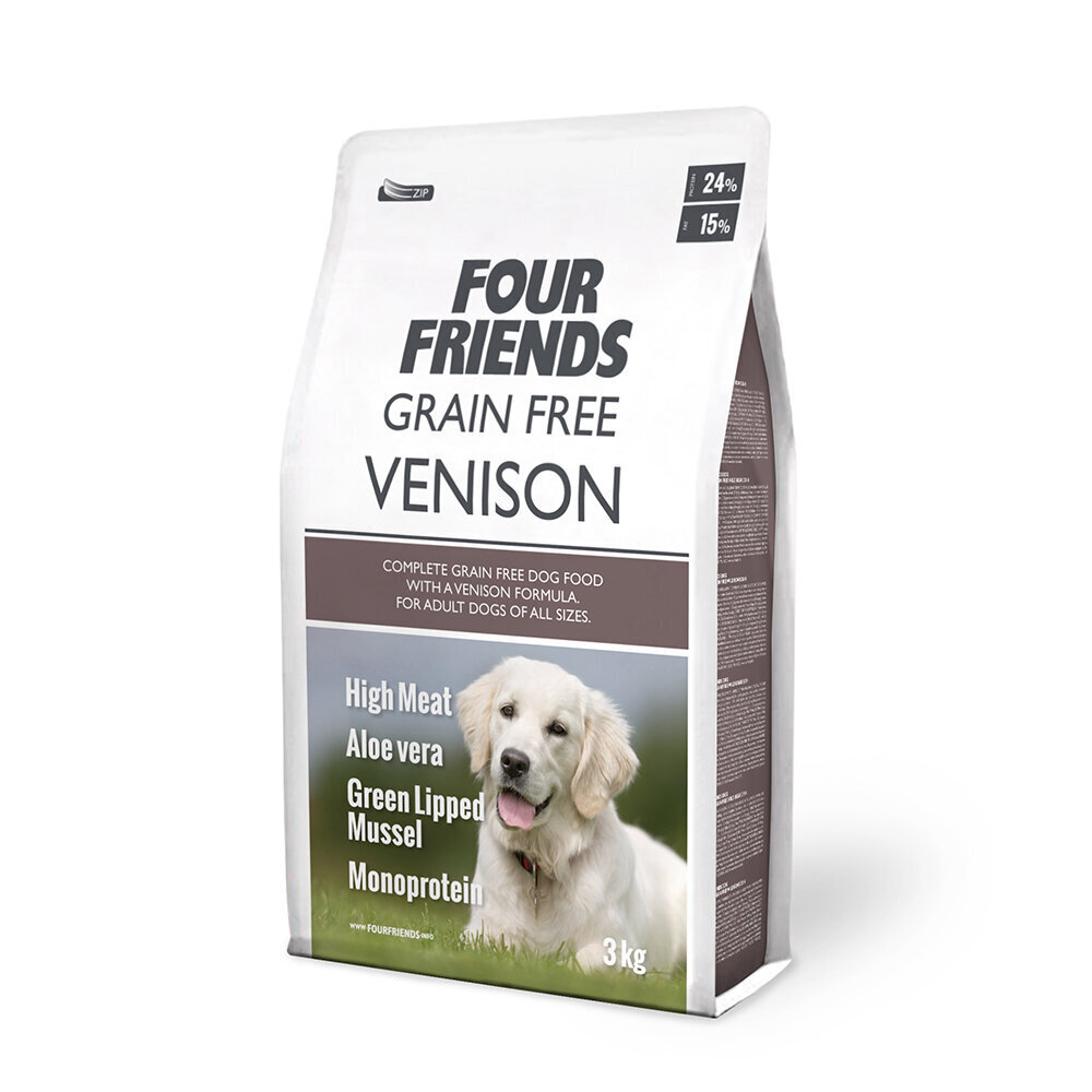 FourFriends Venison Grain Free monoproteīna bezgraudu sausā barība alerģiskiem suņiem ar brieža gaļu, 3 kg cena un informācija | Sausā barība suņiem | 220.lv