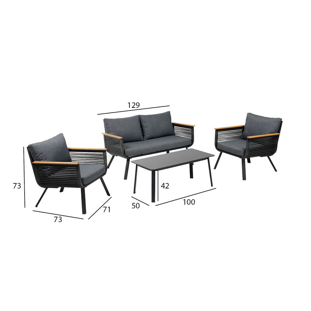 Dārza mēbeļu komplekts MALAGA galds, dīvāns un 2 krēsli, melns cena un informācija | Dārza mēbeļu komplekti | 220.lv