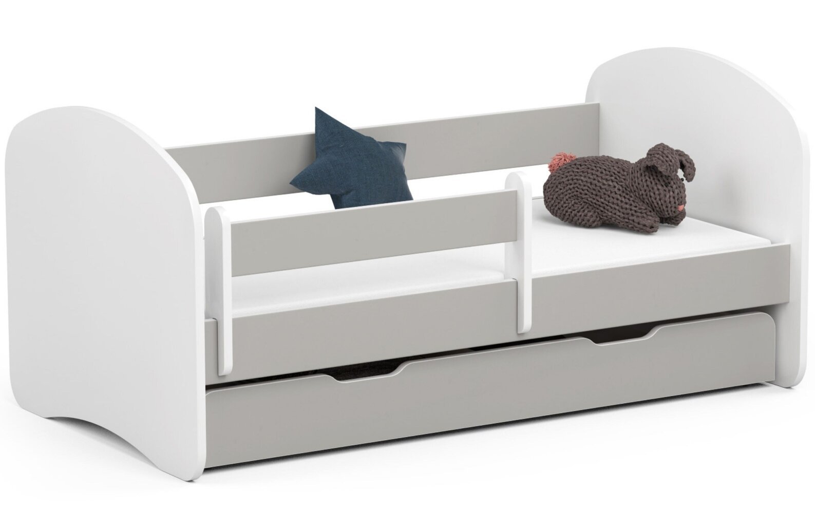 Gulta ar matraci, gultas veļas kasti un noņemams aizsargs NORE Smile, 140x70 cm, balts/pelēks cena un informācija | Bērnu gultas | 220.lv