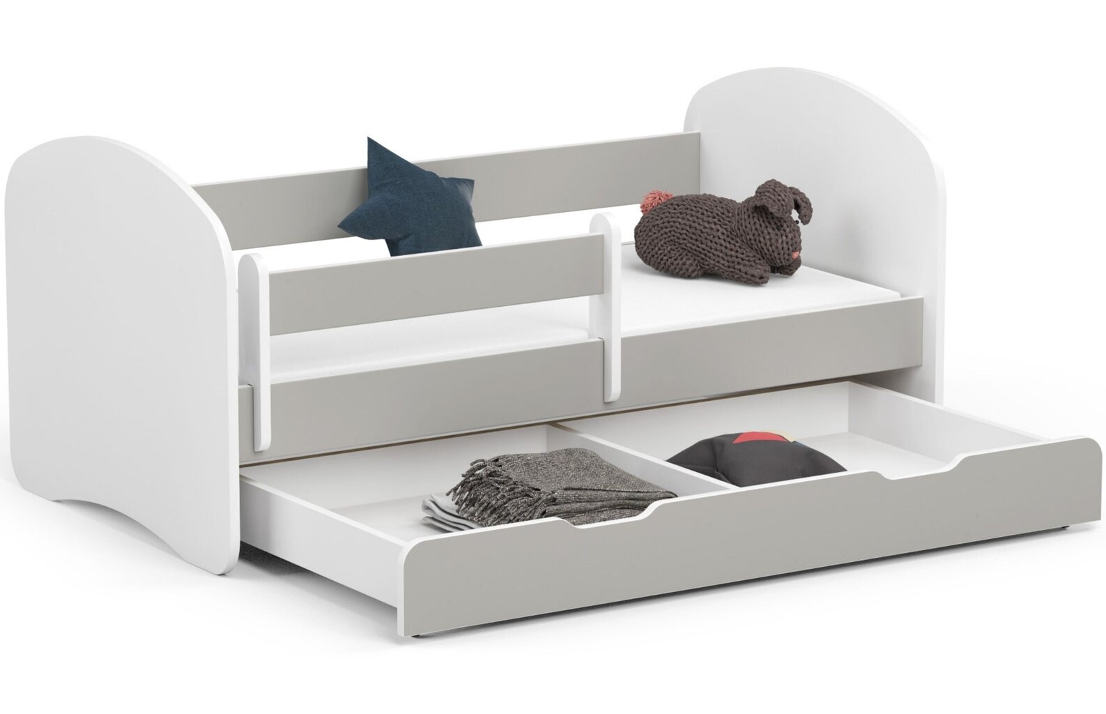 Gulta ar matraci, gultas veļas kasti un noņemams aizsargs NORE Smile, 140x70 cm, balts/pelēks цена и информация | Bērnu gultas | 220.lv