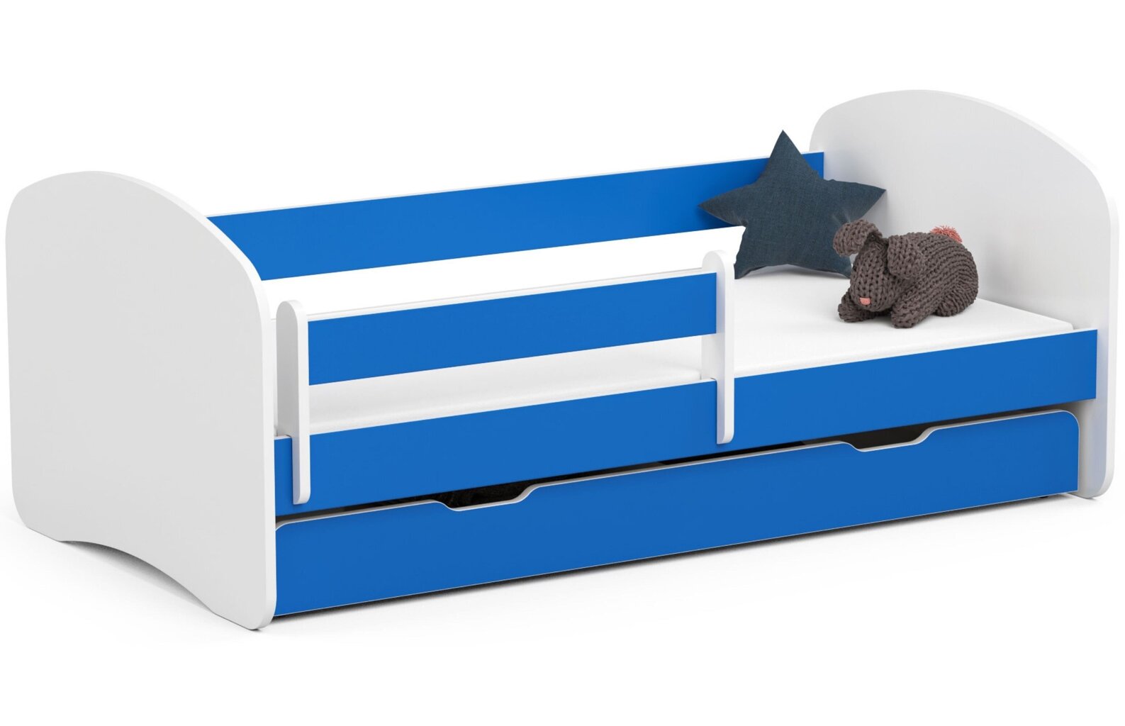 Gulta ar matraci, gultas veļas kasti un noņemamu aizsargu NORE Smile, 160x80 cm, balta/zila cena un informācija | Bērnu gultas | 220.lv