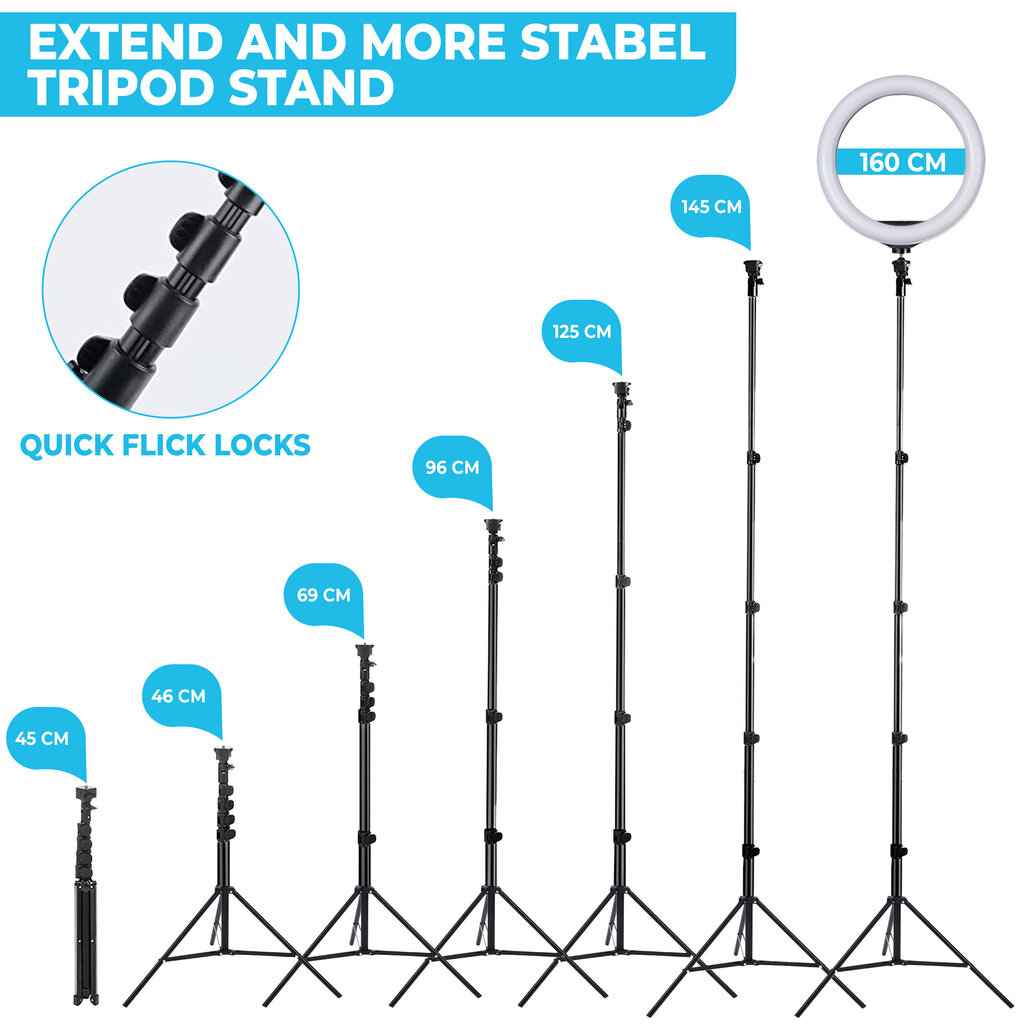 GOAPA Led Ring gaisma ar statīvu 160 cm, tālruņa turētājiem un Bluetooth tālvadības pulti cena un informācija | Apgaismojums fotografēšanai | 220.lv