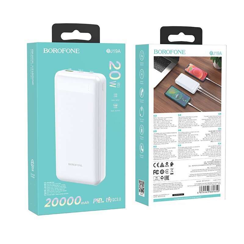 Ārējais akumulators Power Bank, Borofone BJ19A Type-C PD 20W+Quick Charge 3.0 20000mAh, balts cena un informācija | Lādētāji-akumulatori (Power bank) | 220.lv